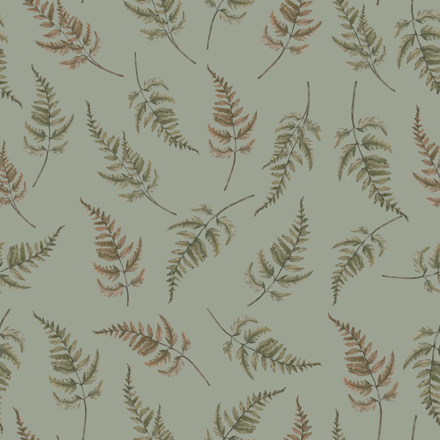 Papier peint gris d'été - Fougères tombantes - Vert terreux