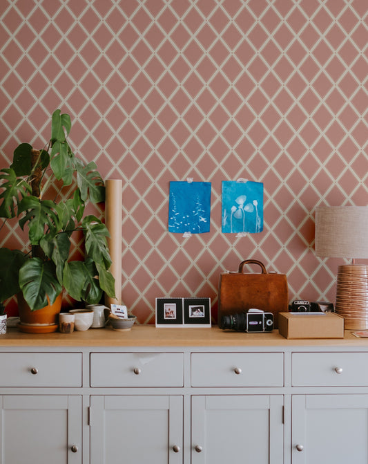 Summer Gray Wallpaper - Trellis - Dusty Red