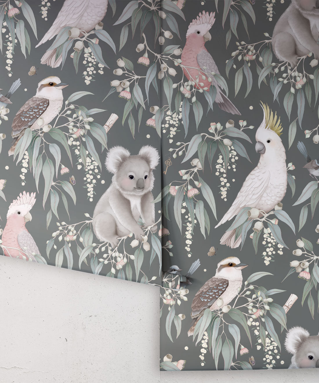 Papier peint pour chambre d'enfant - Bush Babies par Fleur Harris - Gris gomme