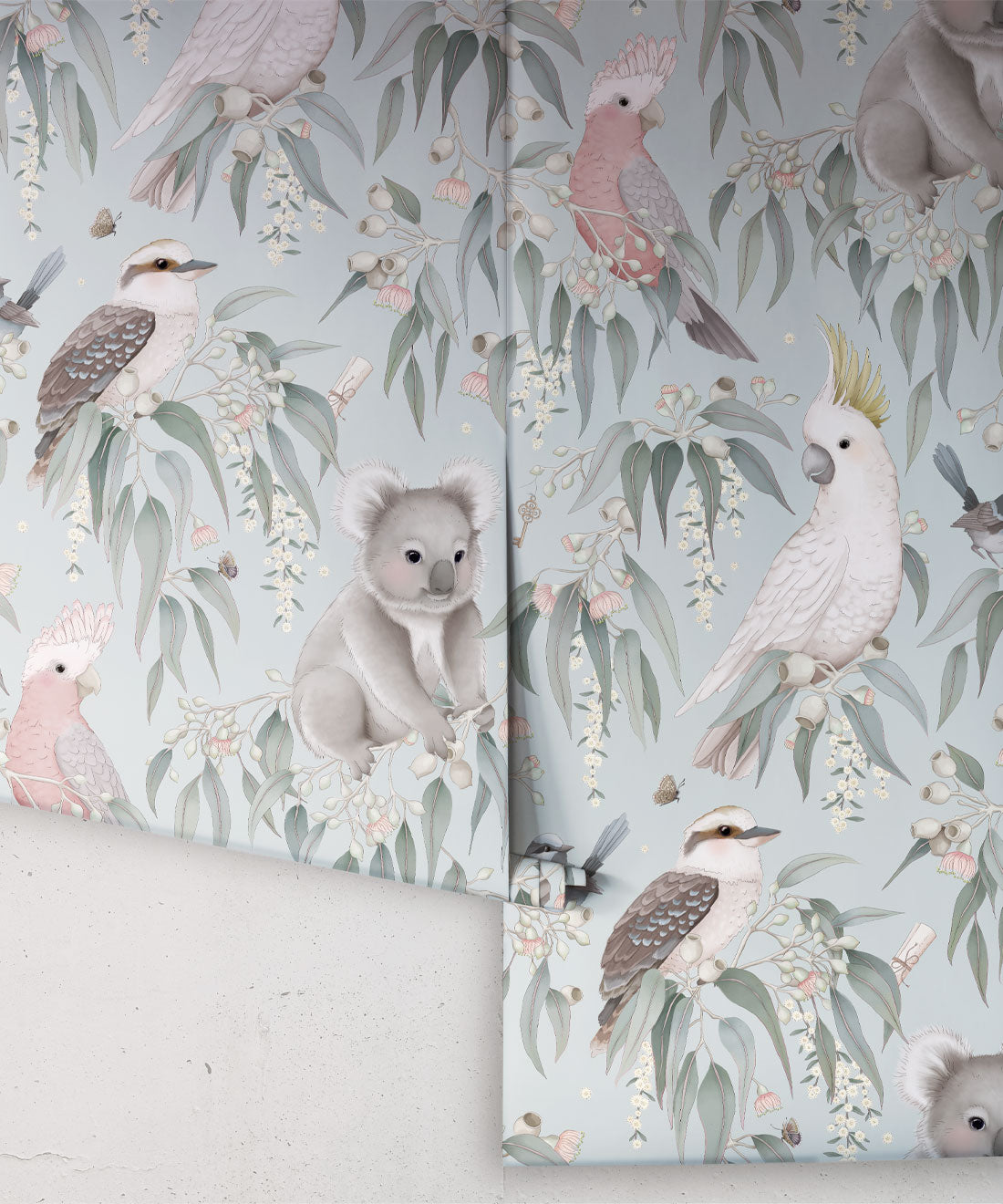 Papier peint pour chambre d'enfant - Bush Babies par Fleur Harris - Bleu doux