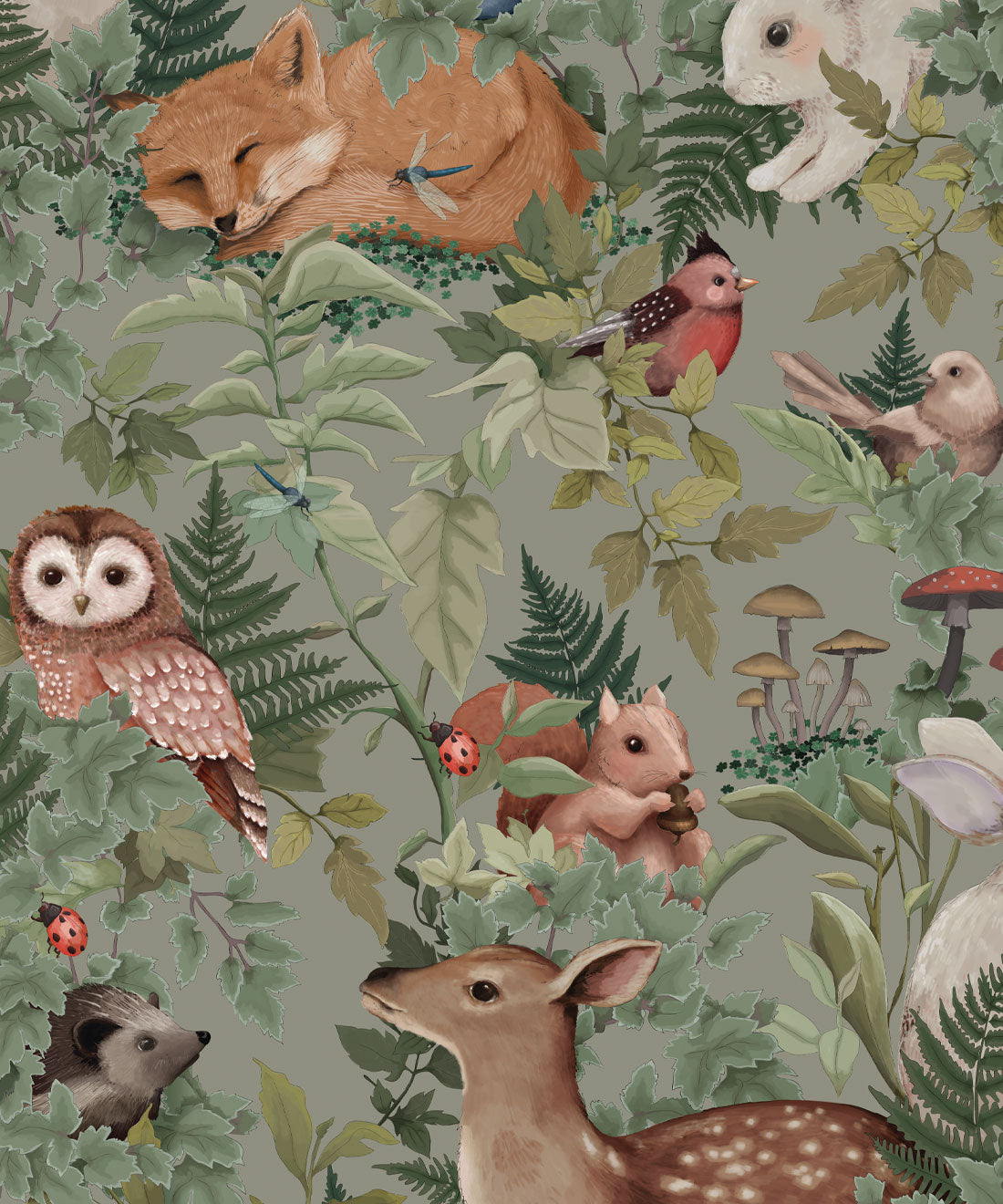 Papier peint pour chambre d'enfant - Dans les bois par Fleur Harris - Vert poussiéreux
