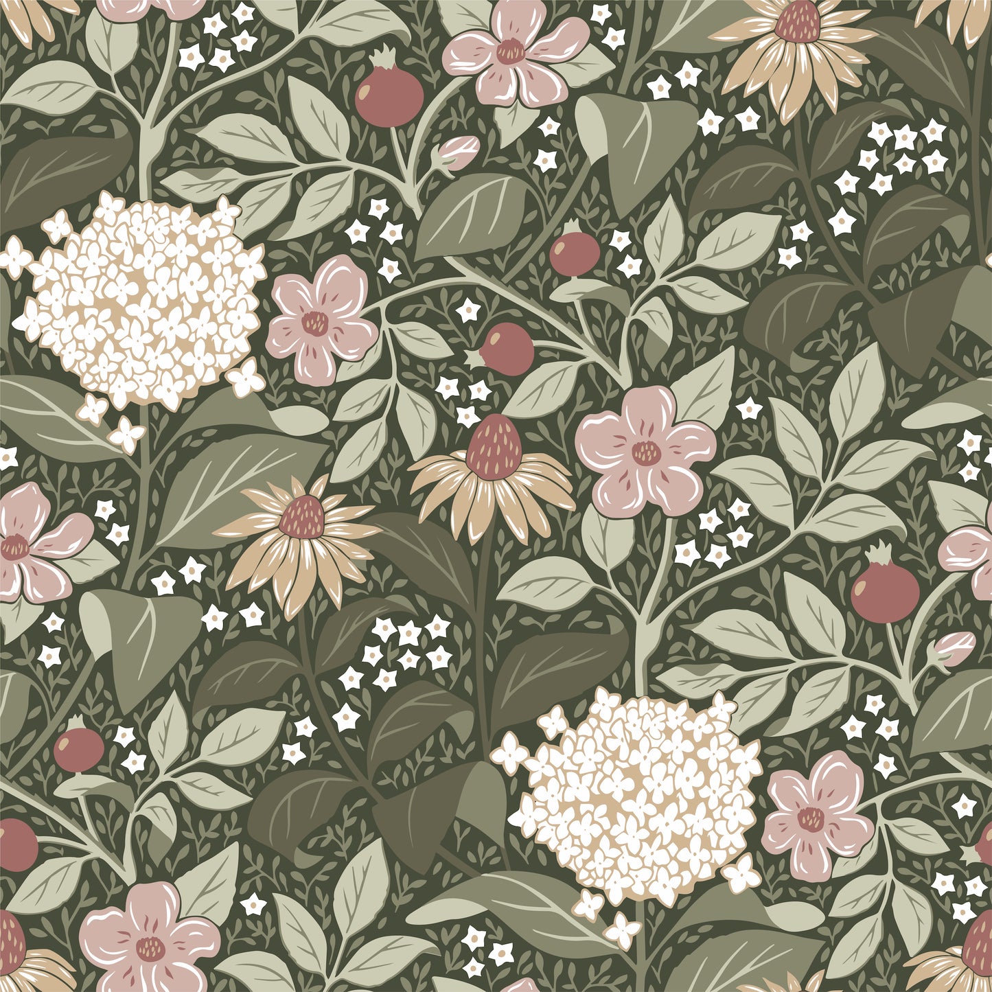 Papier peint floral - Floraison d'été - Vert