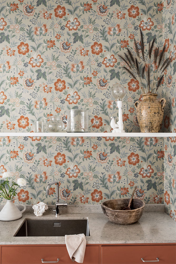 Papier peint Midbec - Mirabelle - Fleurs roses et feuilles