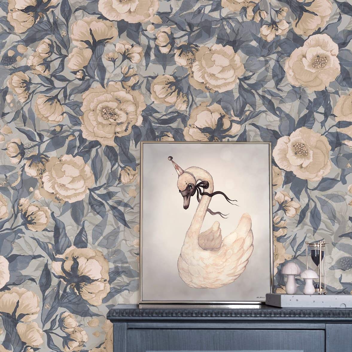 Papier peint pour chambre d'enfant - Coquelicots pour Marlene - Bleu poussiéreux