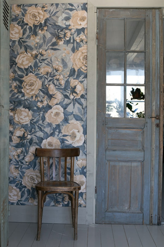 Nursery Wallpaper - Poppies for Marlene - Dusty Blue
