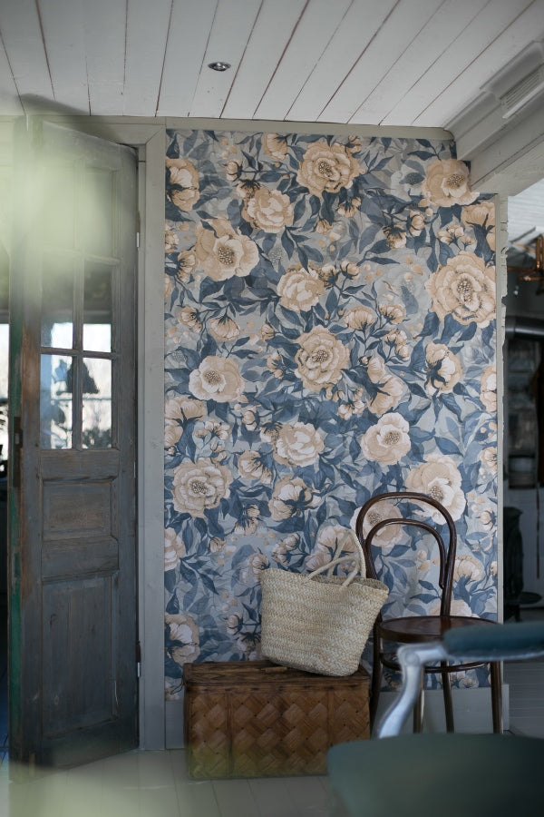 Papier peint pour chambre d'enfant - Coquelicots pour Marlene - Bleu poussiéreux