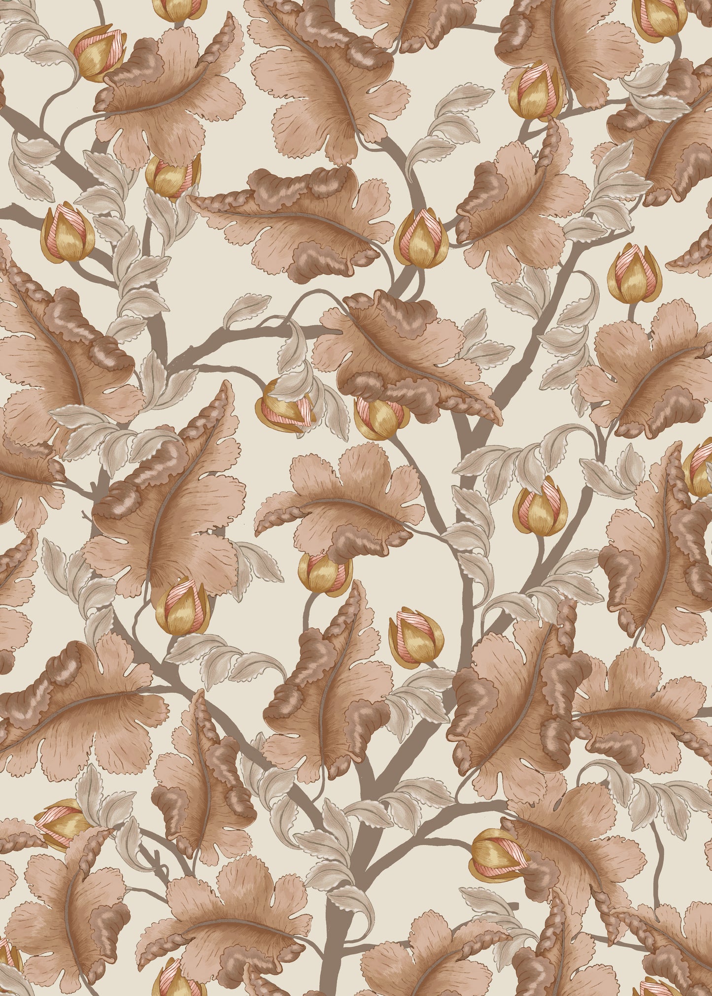 Papier peint floral - Renoncule - Marron et crème