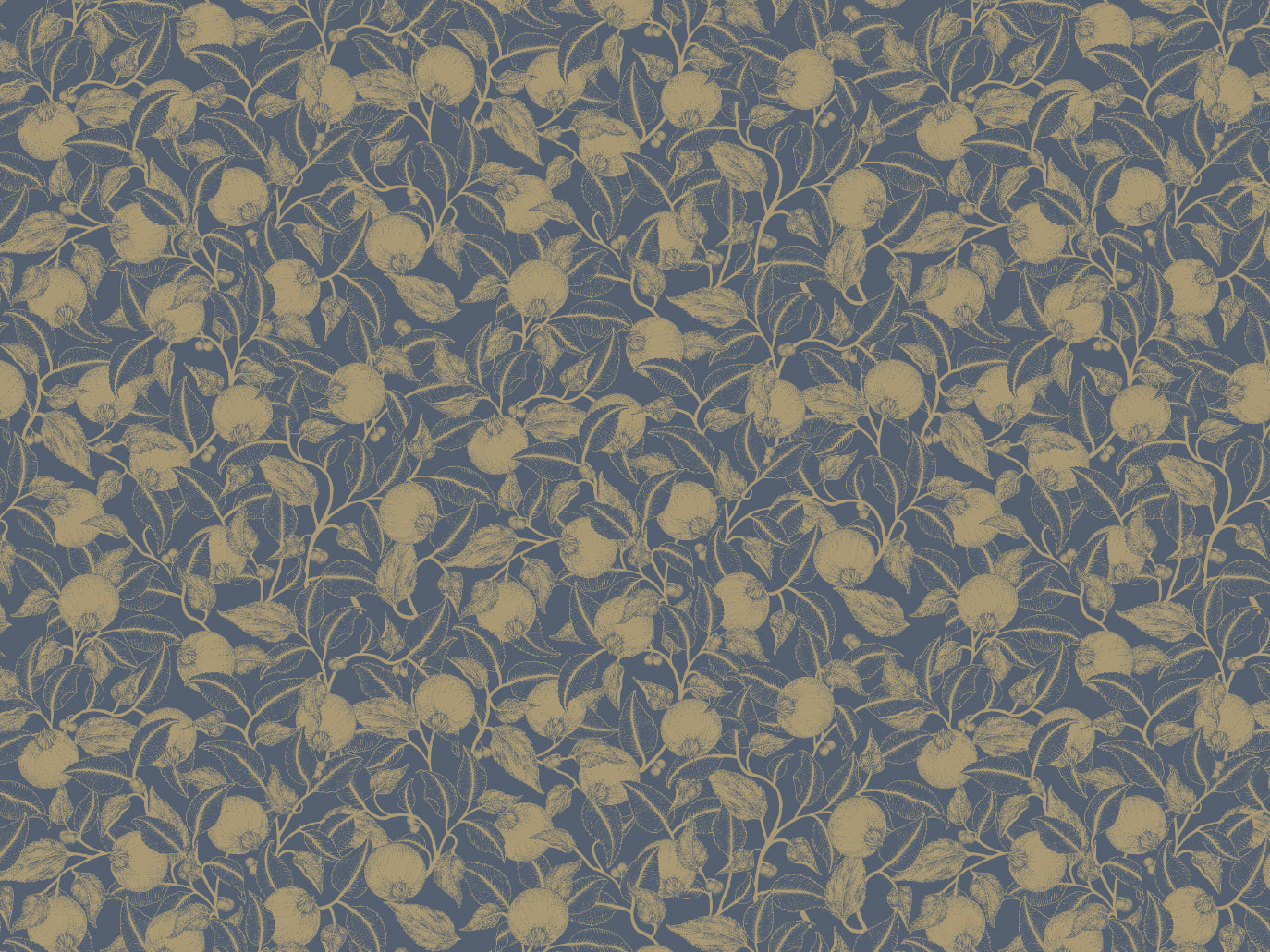 Papier peint floral - Grenade - Or et bleu