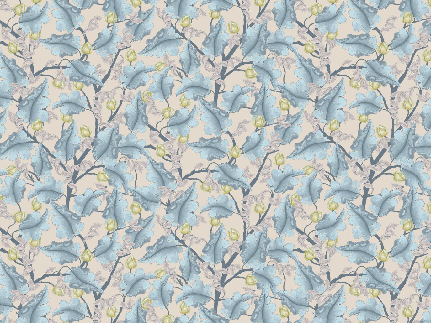 Papier peint floral - Renoncule - Bleu et beige