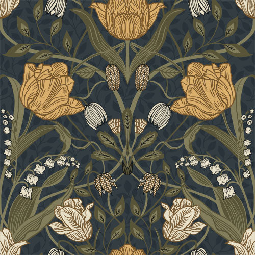 Midbec Wallpaper - Filippa Tulip Garden - Gold / Midnight Blue
