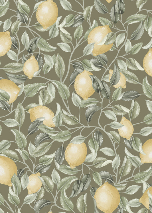 Papier peint Summer Gray - Arbres de citronnier - Vert sauge