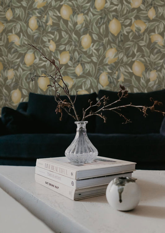 Summer Gray Wallpaper - Lemon Trees - Sage Green
