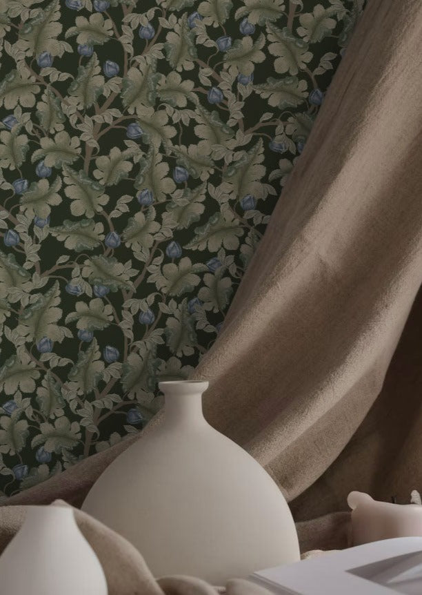 Papier peint floral - Renoncule - Vert et bleu