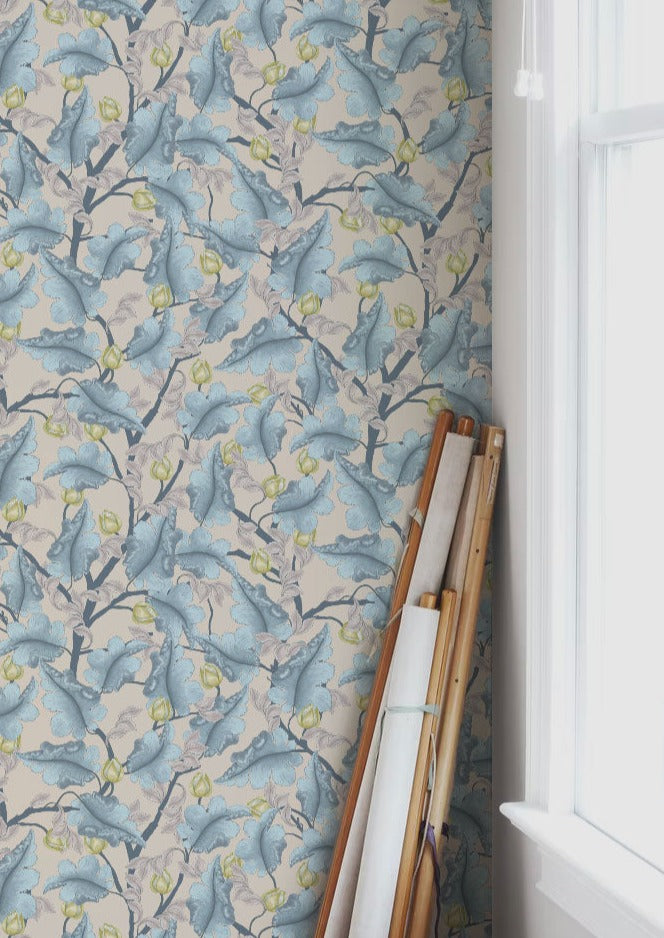 Papier peint floral - Renoncule - Bleu et beige