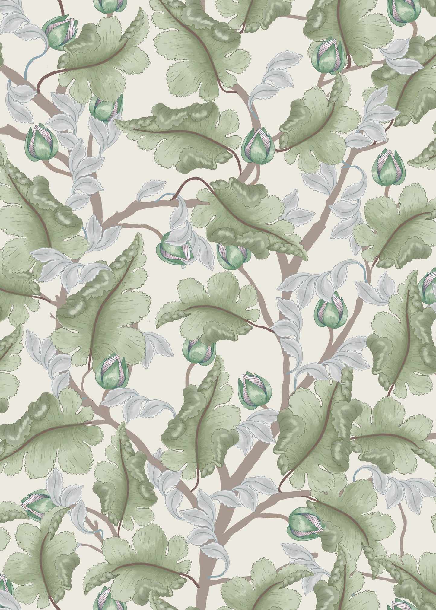 Papier peint floral - Renoncule - Crème et vert