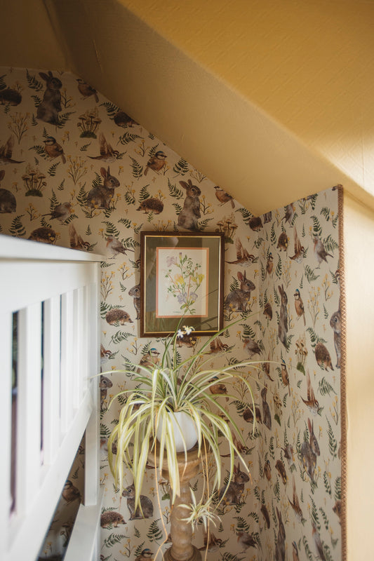 Papier peint pour chambre d'enfant - Oiseaux & Lapins - Écru