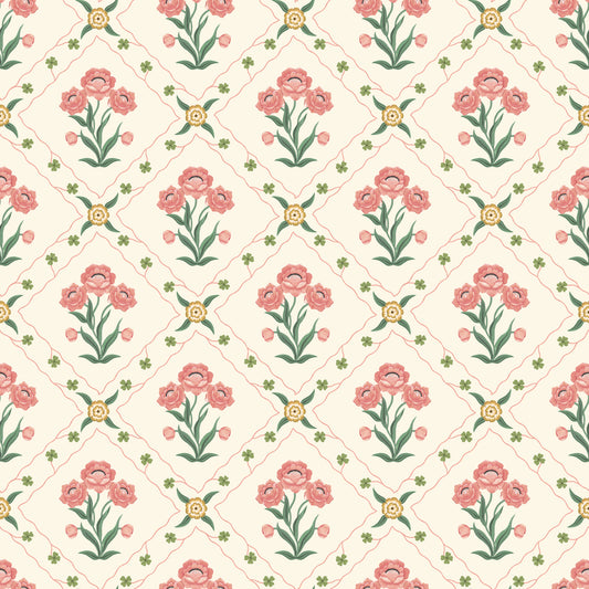 Papier peint gris d'été - treillis floral - rose