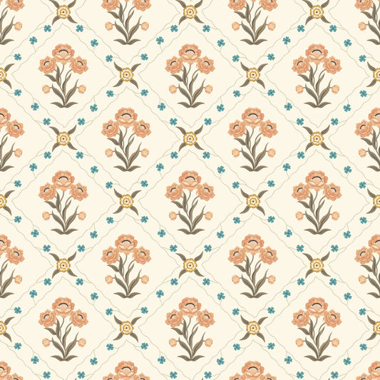 Papier peint gris d'été - treillis floral - abricot