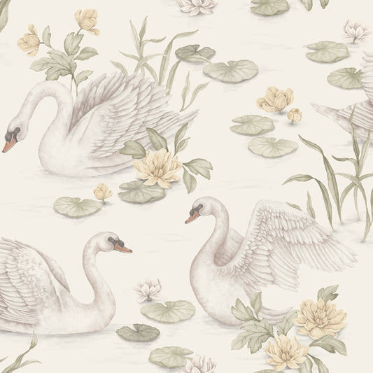 Papier peint pour nurserie et enfants - Lily Swan - Jaune clair / Vert