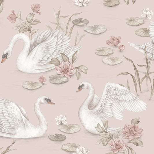Papier peint pour nurserie et enfants - Lily Swan - Rose et blanc
