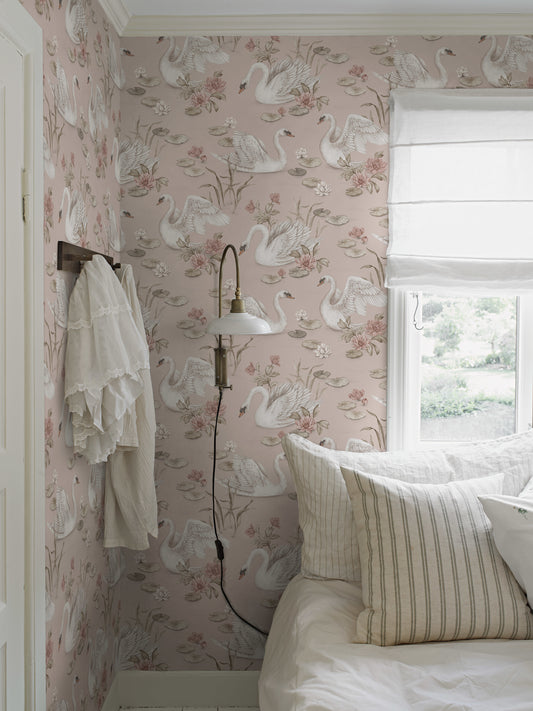 Papier peint pour nurserie et enfants - Lily Swan - Rose et blanc