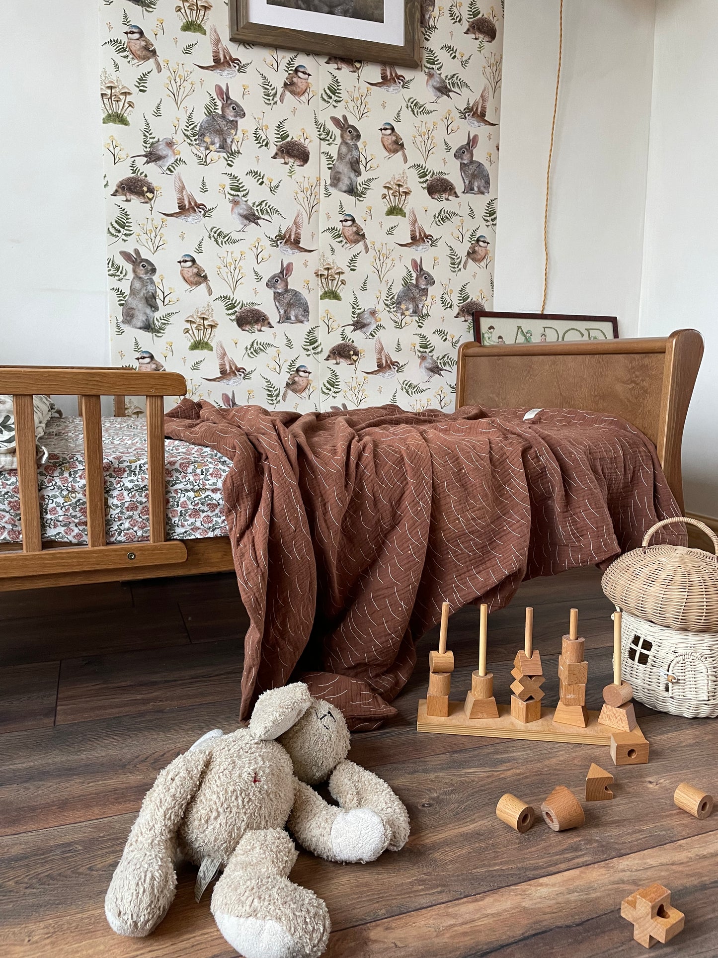 Nursery Wallpaper - Birds & Bunnies - Ecru