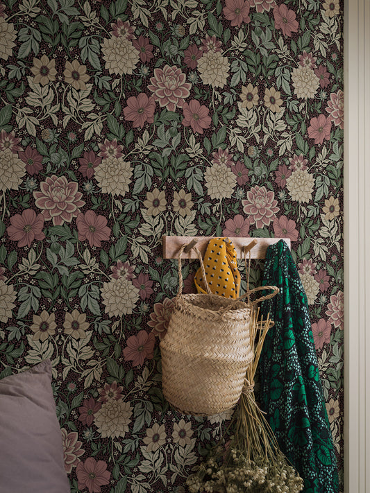 Papier peint Borastapeter - Dahlia Garden 7694 - Bourgogne et sarcelle