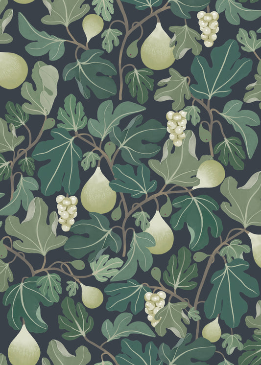 Papier peint gris d'été - Figues - Vert