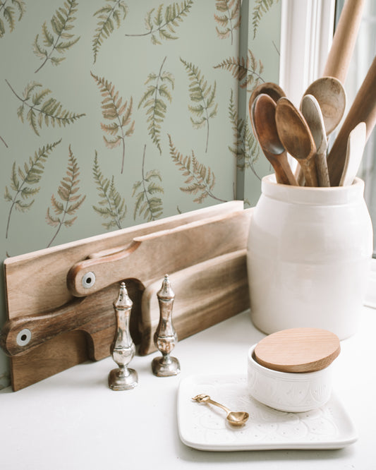 Summer Gray Wallpaper - Falling Ferns - Earthy Green