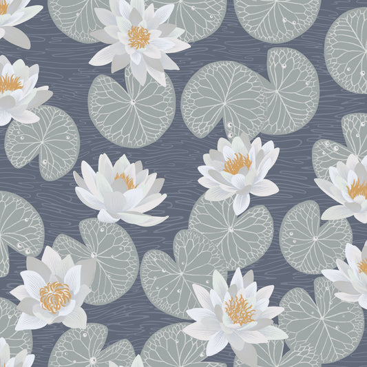 Papier peint gris d'été - Nénuphars - Bleu