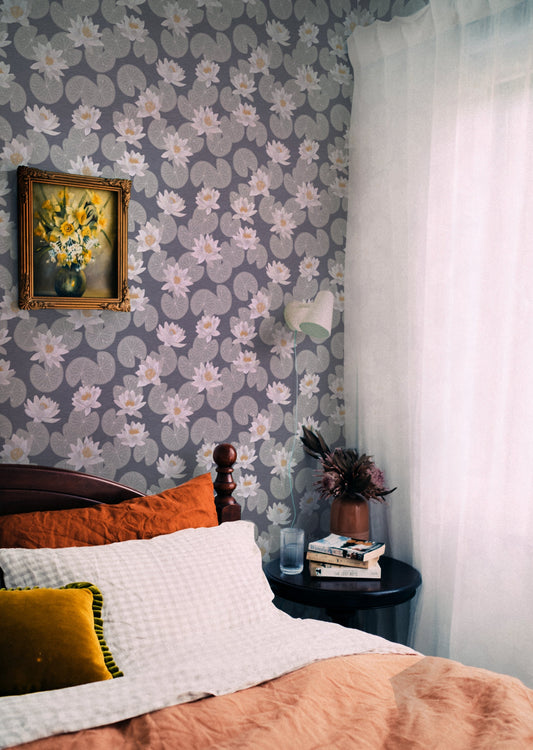 Papier peint Summer Gray - Nénuphars - Bleu