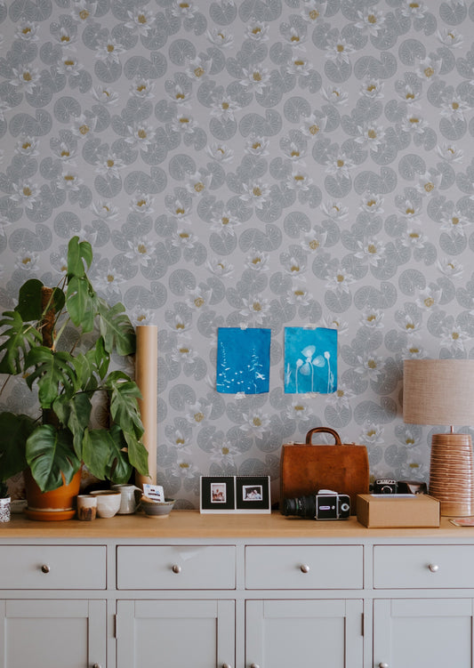 Papier peint Summer Gray - Nénuphars - Gris