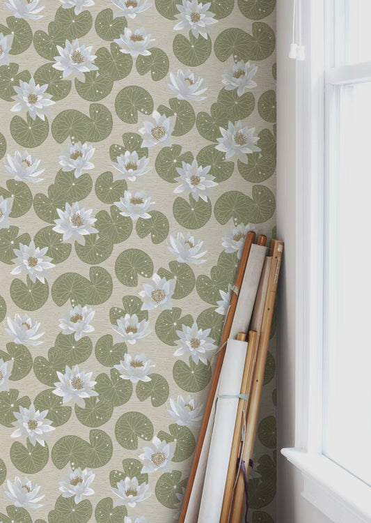 Papier peint Summer Gray - Nénuphars - Vert