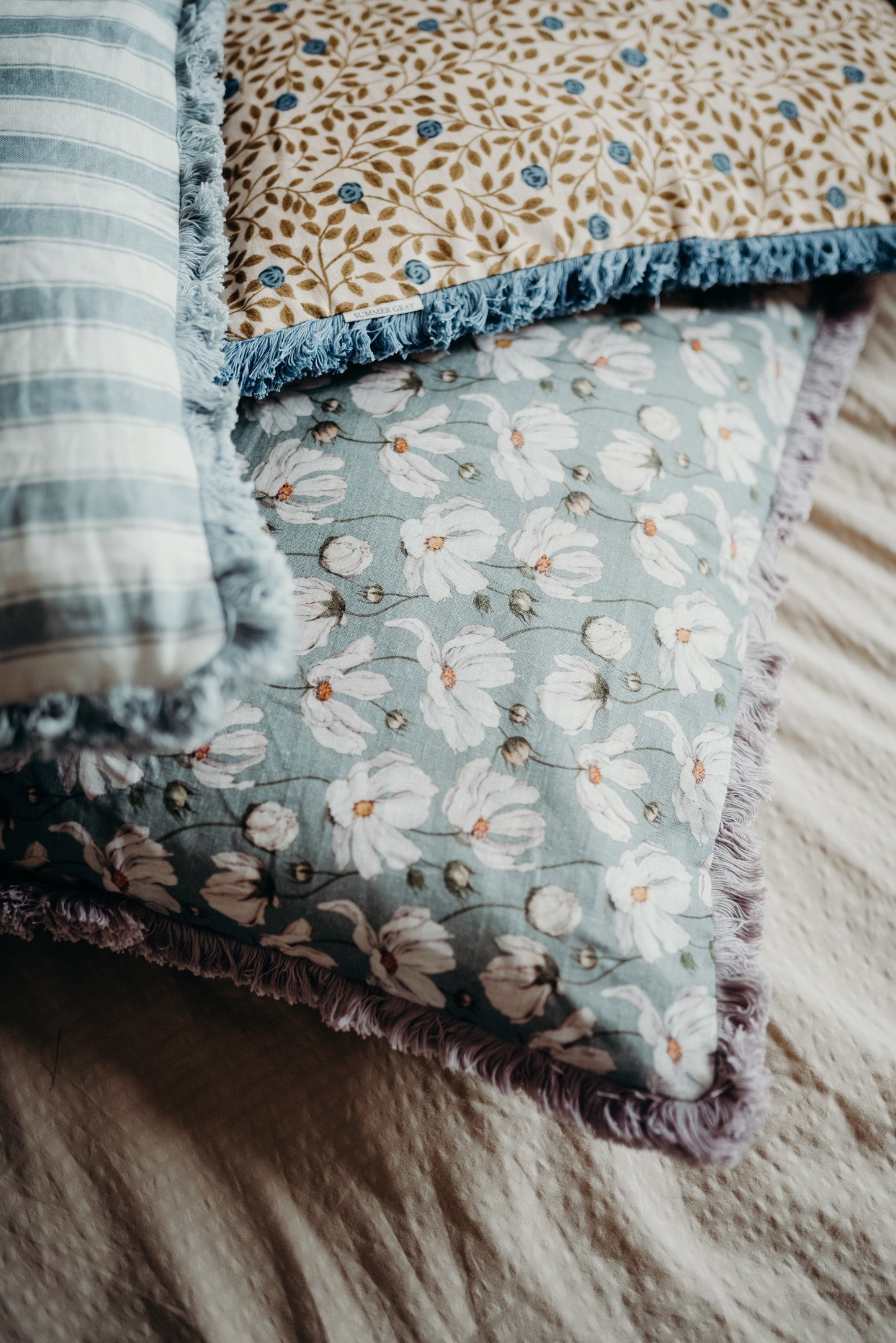 Housse de coussin en lin - Gris d'été - Marguerites