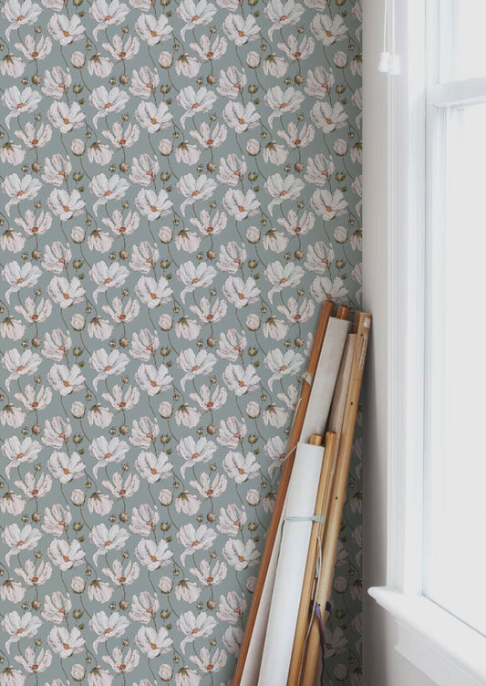 Papier peint Summer Gray - Marguerites - Bleu