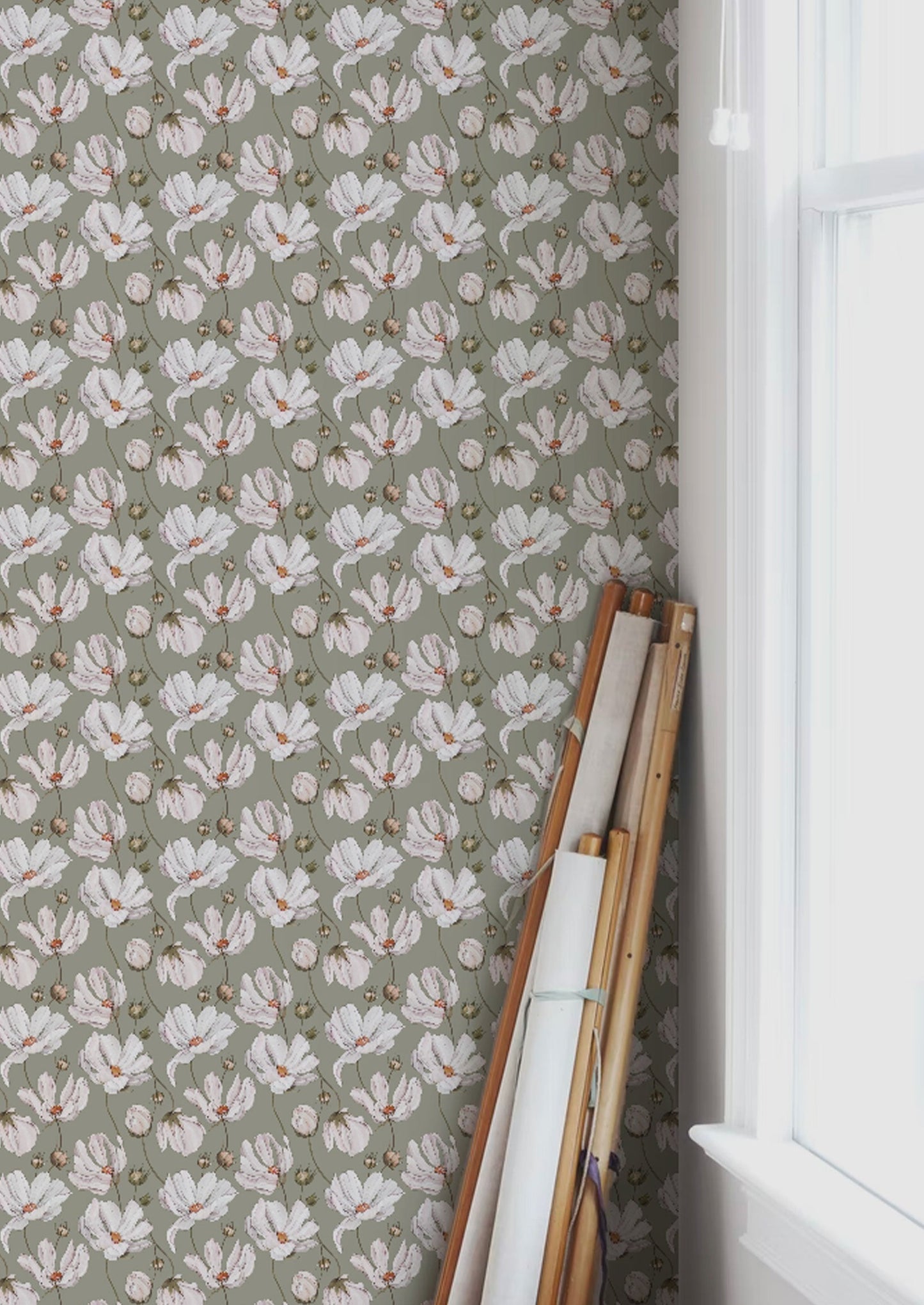 Papier peint gris d'été - Marguerites - Vert