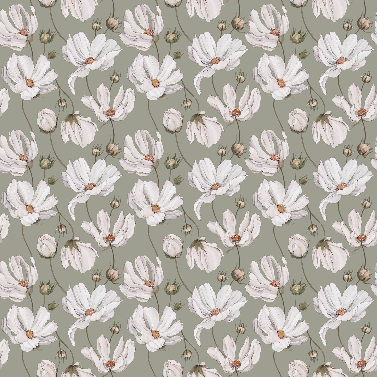 Papier peint gris d'été - Marguerites - Vert
