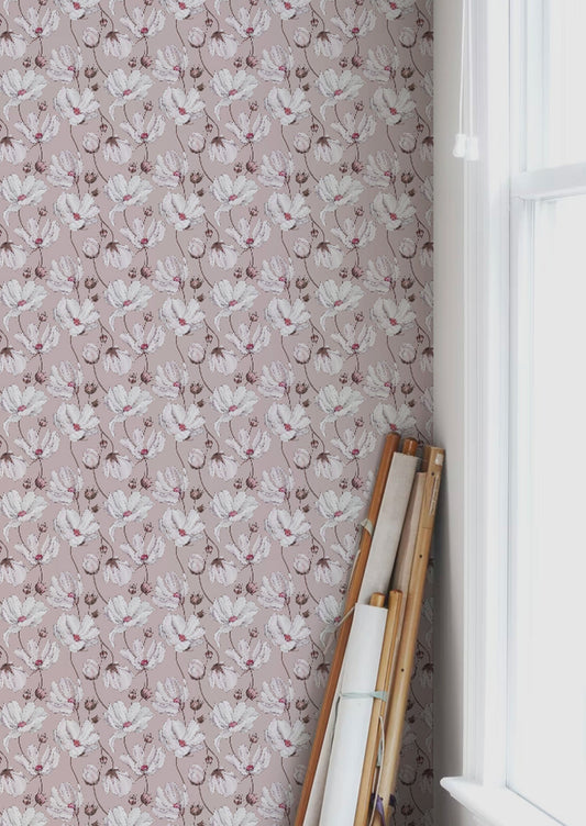 Papier peint gris d'été - Marguerites - Rose