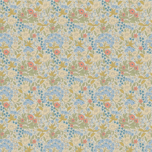 Papier peint gris d'été - Doris - Bleu et Moutarde