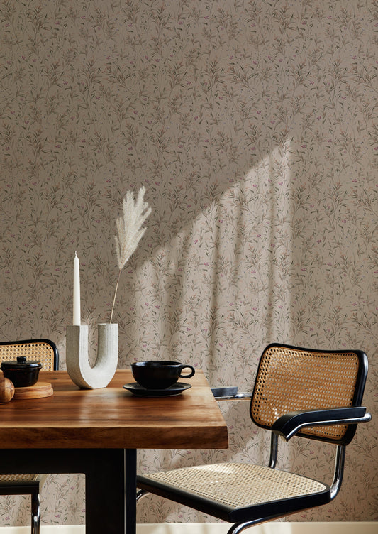 Papier peint Summer Gray - Prairie de printemps - Rose