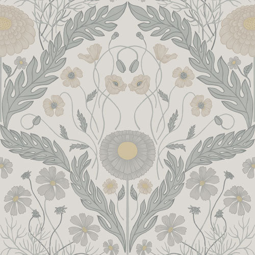 Papier peint Midbec - Marguerite, Fleurs et Feuilles - Gris clair