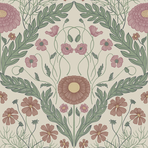 Papier peint Midbec - Marguerite, Fleurs & Feuilles - Rose & Vert