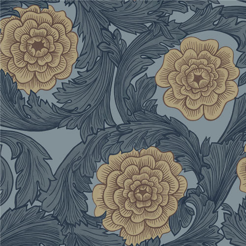 Papier peint Midbec - Fleurs et feuilles - Bleu et marron