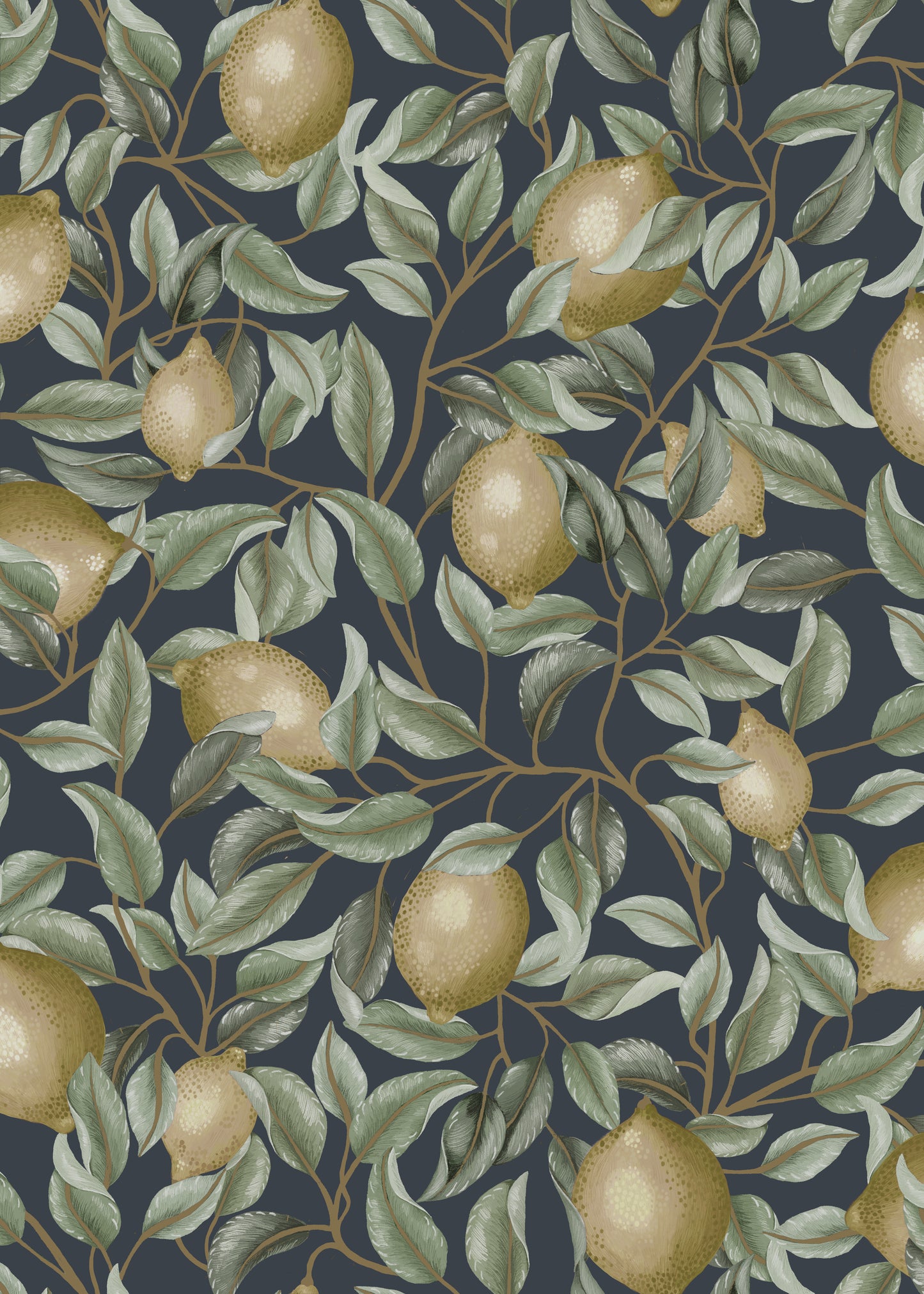 Summer Gray Wallpaper - Lemon Trees - Midnight Blue