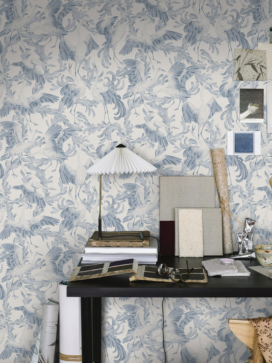 Papier peint Borastapeter - Grue dansante - Bleu et blanc