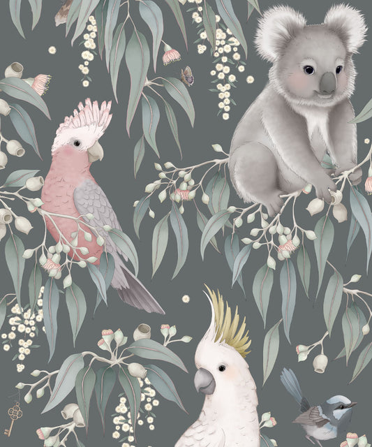 Papier peint pour chambre d'enfant - Bush Babies par Fleur Harris - Gris gomme