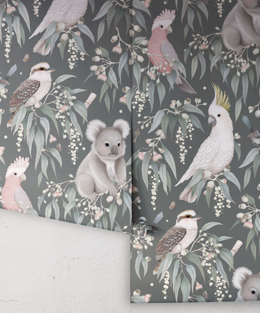 Papier peint pour chambre d'enfant - Bush Babies par Fleur Harris - Gris gomme