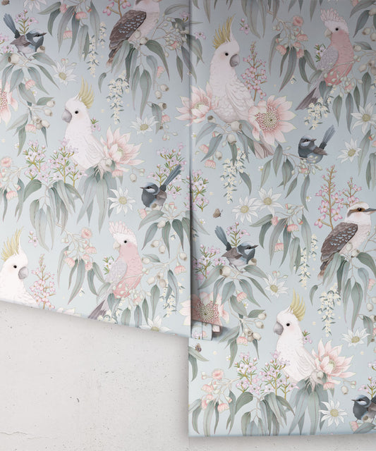 Nursery Wallpaper - Bush Melody by Fleur Harris - Soft Blue