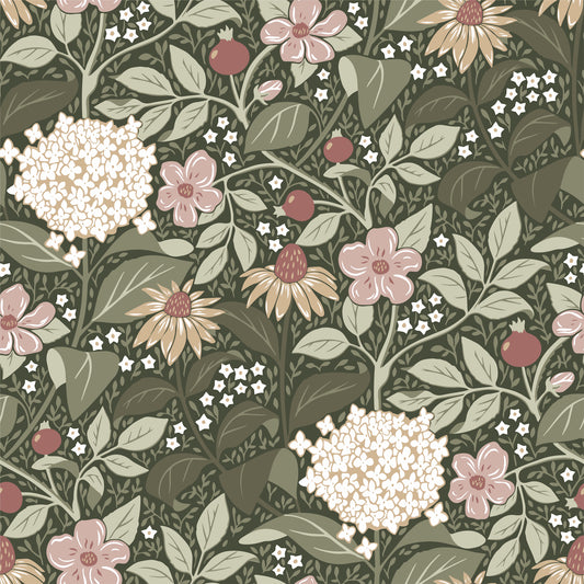 Papier peint floral - Floraison d'été - Vert