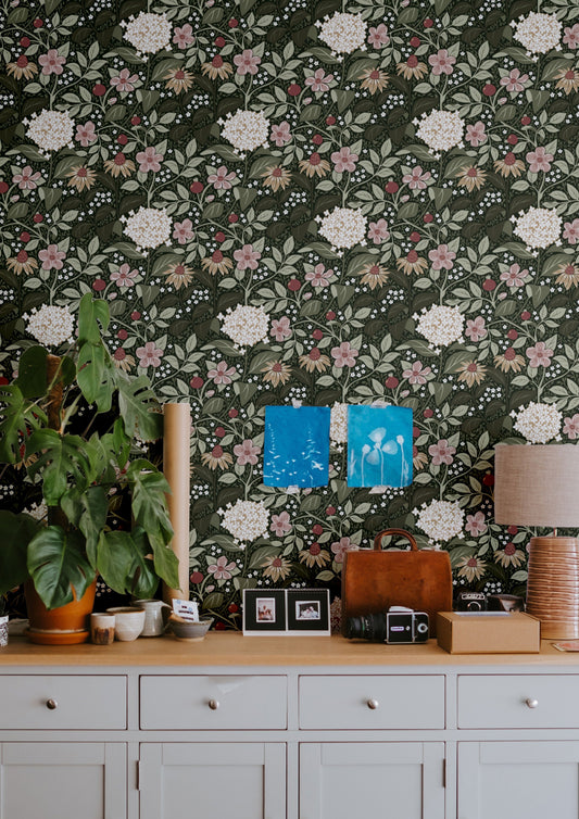 Papier peint floral - Floraison d'été - Vert